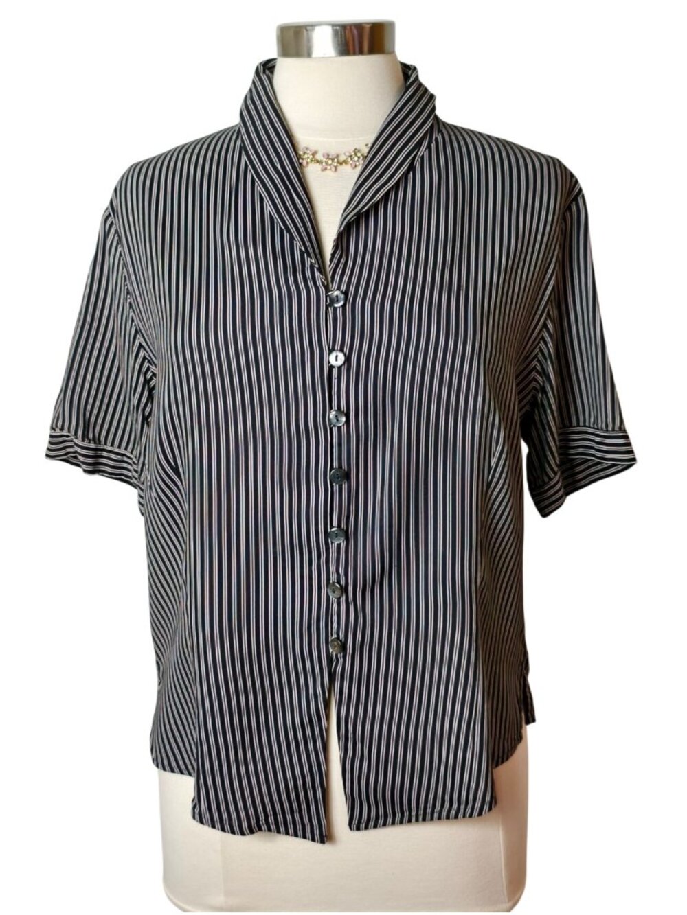 Paradox Womens 14 Button-Up Top Y2K Black White Striped Crop SS Chic Office Work
